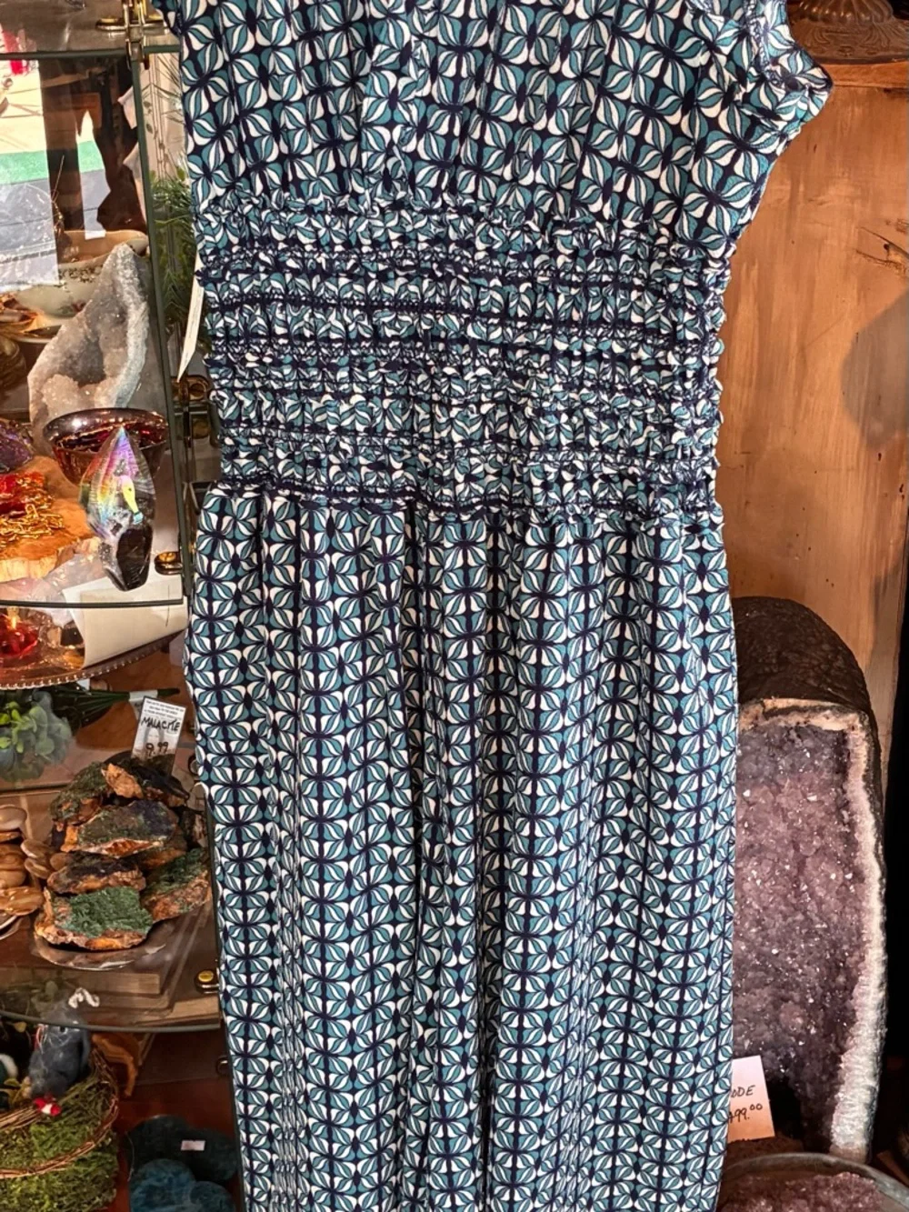 Blue Geometric Jumpsuit with Smocked Waist and pockets! - Picture 4 of 7